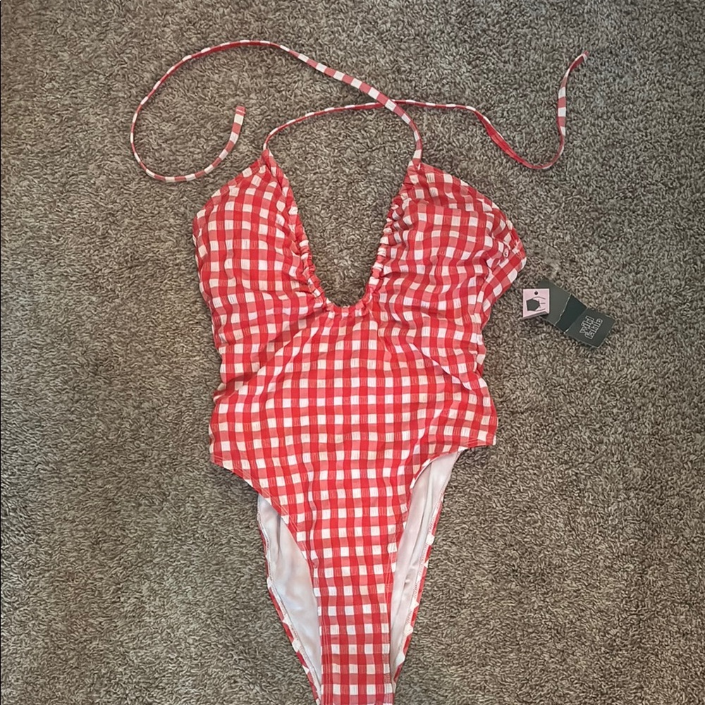 Chic Red and White Checkered Swimsuit